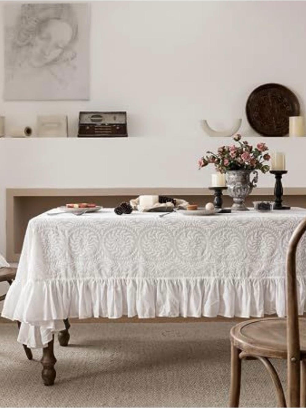 White Embroidered Ruffled Tablecloth - Classic Dining Linen - Picture 3 of 3